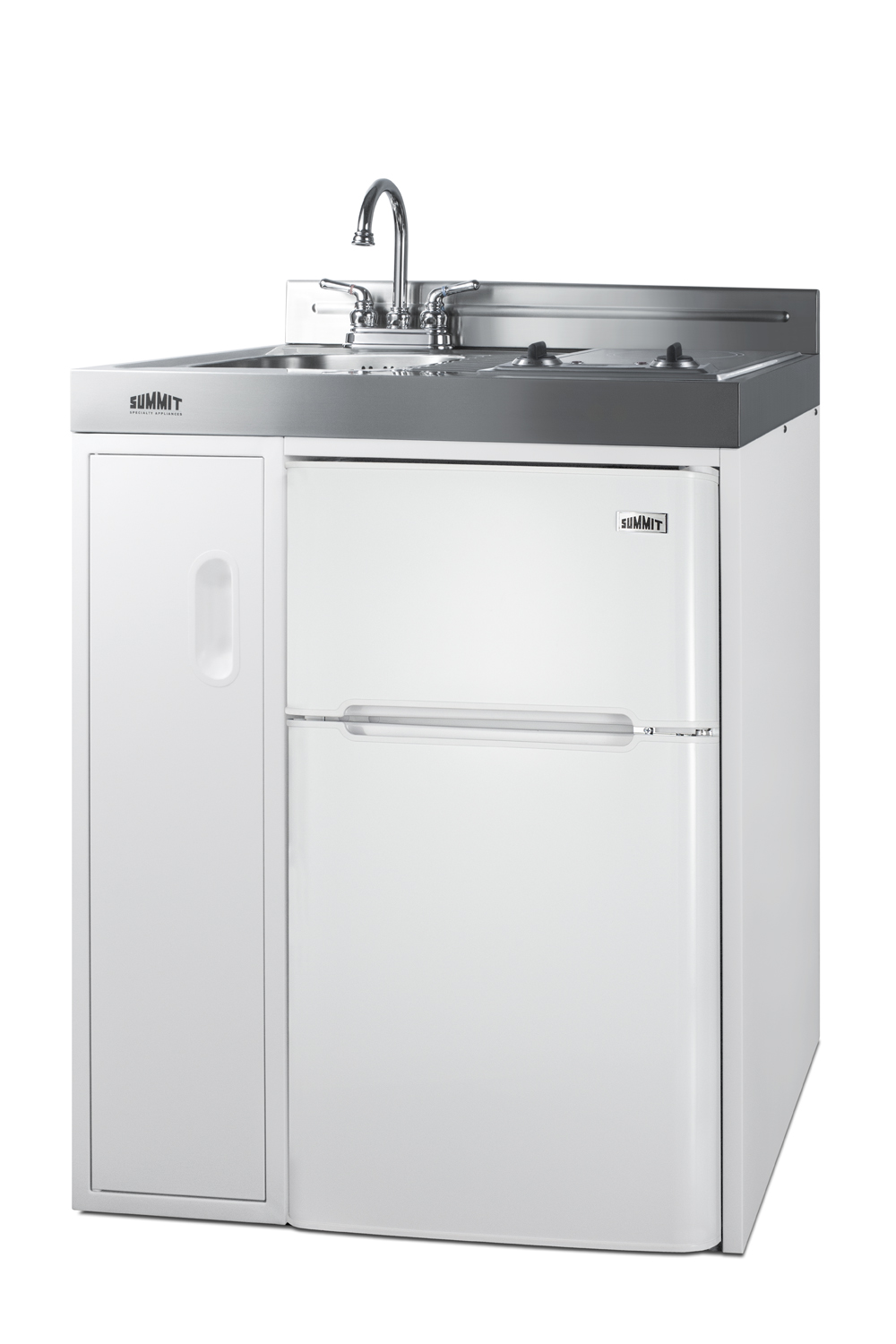30 inch wide all-in-one kitchenette with 2-burner smooth-top 115V cooktop, refrigerator-freezer, sink, and storage cabinet